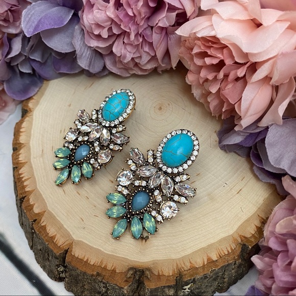 Vintage Turquoise and Crystal Statement Earrings - Picture 3 of 10